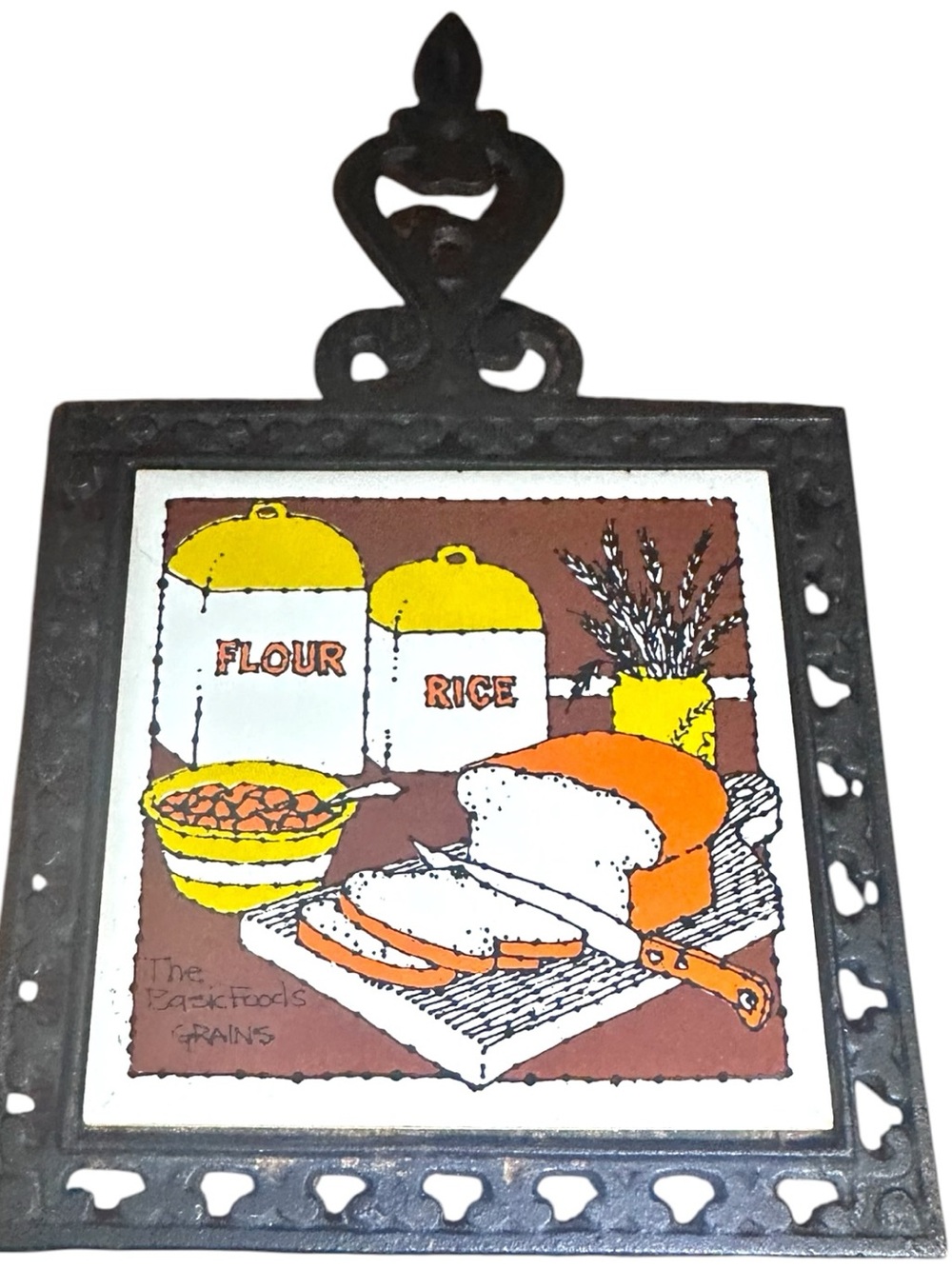 Vintage Cast Iron Ceramic Tile Trivet & Wall Hanging  70s Kitchen Decor 7 Star